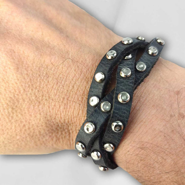 "Woven" LEATHER BRACELET WITH STUDS Black Asphalt